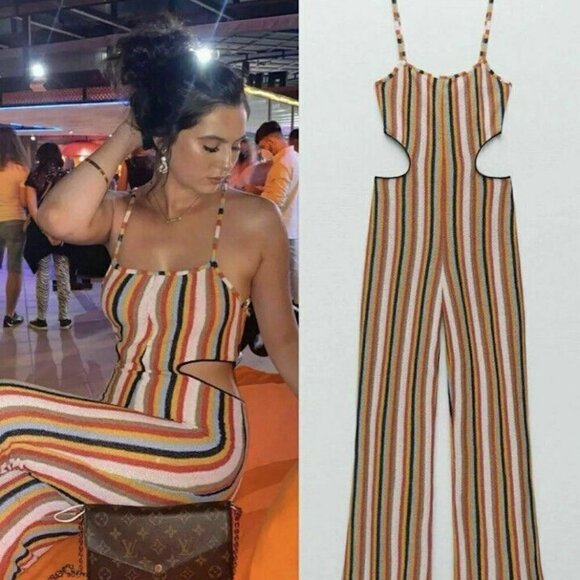 Zara Crochet Terrycloth Vertical Striped Cutout Blogger Fave Jumpsuit New Large - Picture 1 of 16